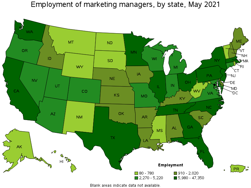 Map of employment of marketing managers by state, May 2021