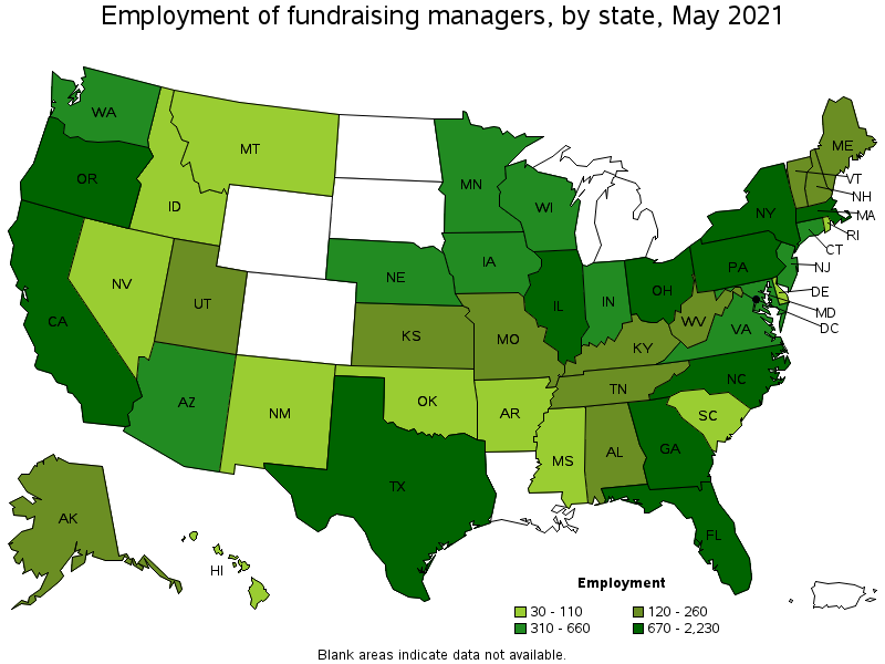 Map of employment of fundraising managers by state, May 2021