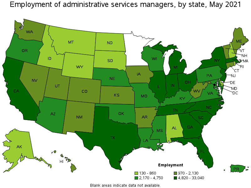 Map of employment of administrative services managers by state, May 2021