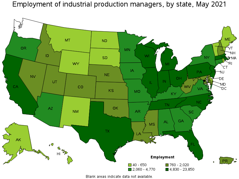 Map of employment of industrial production managers by state, May 2021