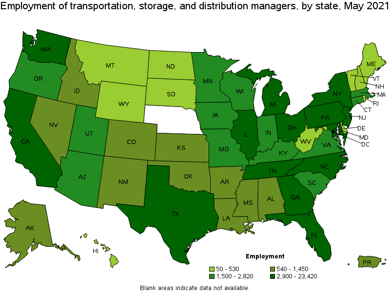 Map of employment of transportation, storage, and distribution managers by state, May 2021