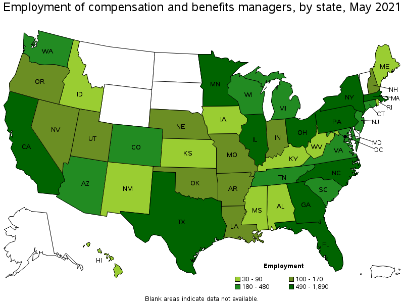 Map of employment of compensation and benefits managers by state, May 2021