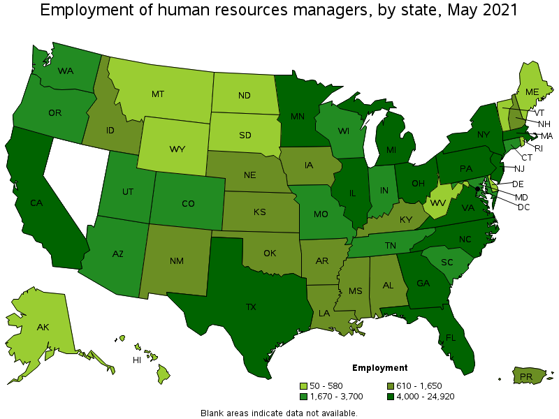 Map of employment of human resources managers by state, May 2021
