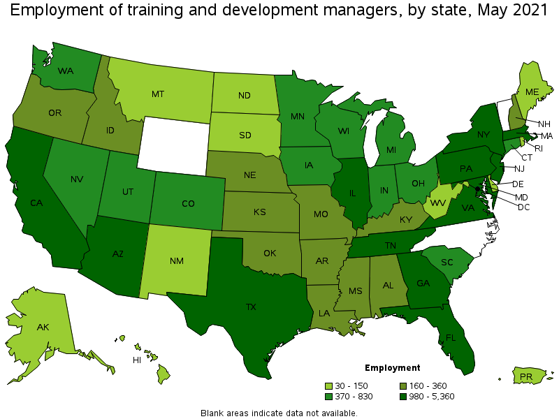 Map of employment of training and development managers by state, May 2021