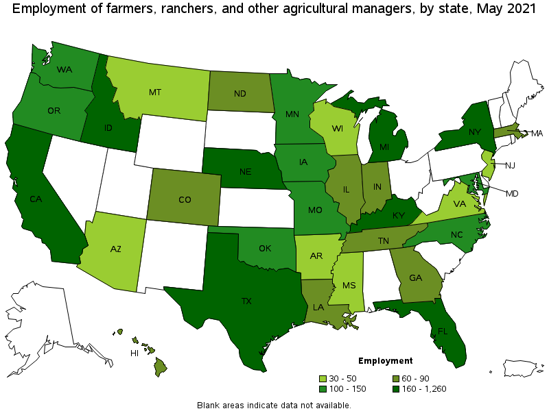 Map of employment of farmers, ranchers, and other agricultural managers by state, May 2021