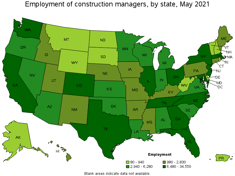 Map of employment of construction managers by state, May 2021