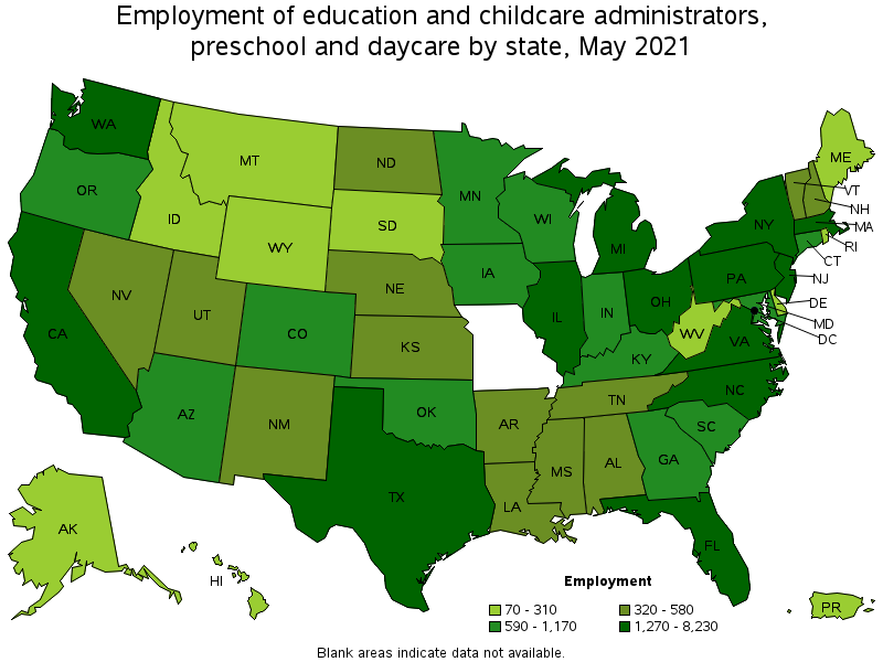 Map of employment of education and childcare administrators, preschool and daycare by state, May 2021