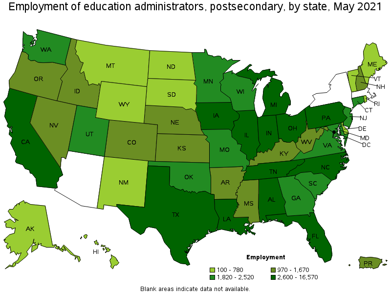 Map of employment of education administrators, postsecondary by state, May 2021