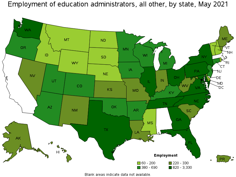 Map of employment of education administrators, all other by state, May 2021