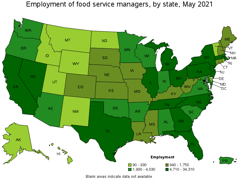 Map of employment of food service managers by state, May 2021