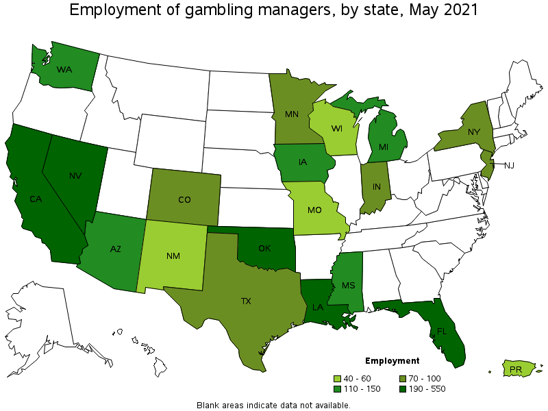Map of employment of gambling managers by state, May 2021