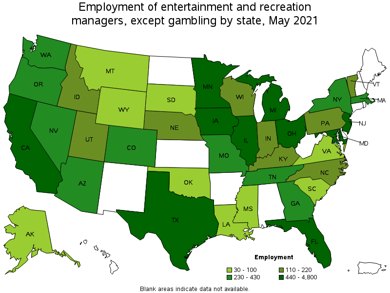 Map of employment of entertainment and recreation managers, except gambling by state, May 2021