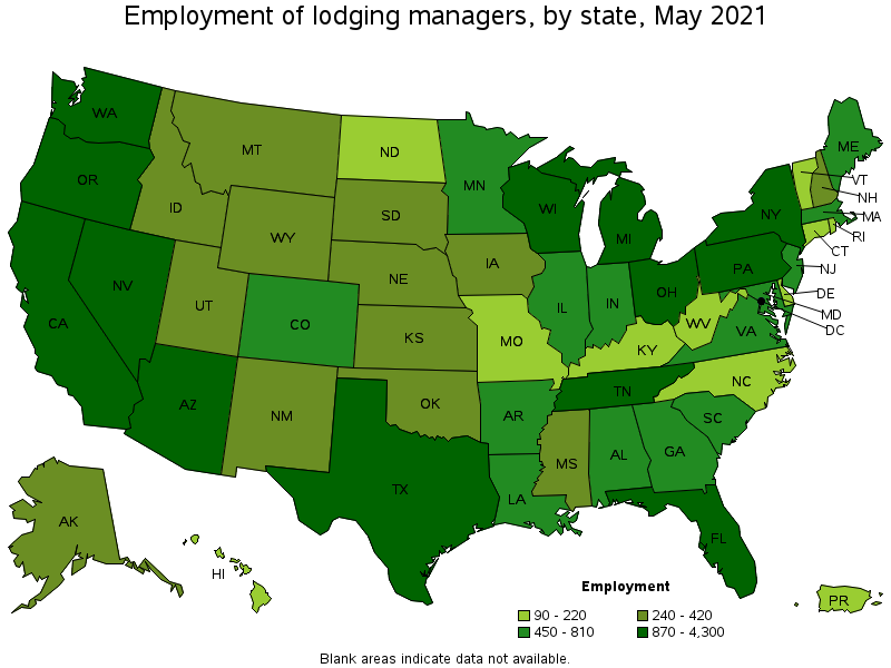 Map of employment of lodging managers by state, May 2021