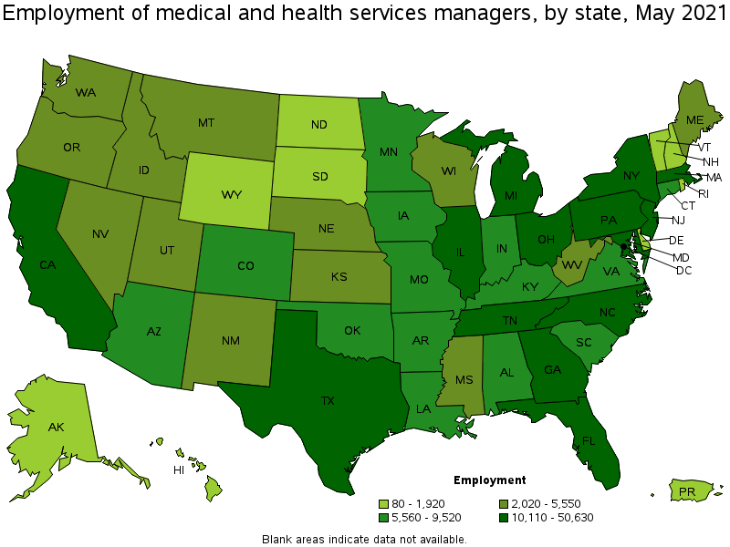 Map of employment of medical and health services managers by state, May 2021