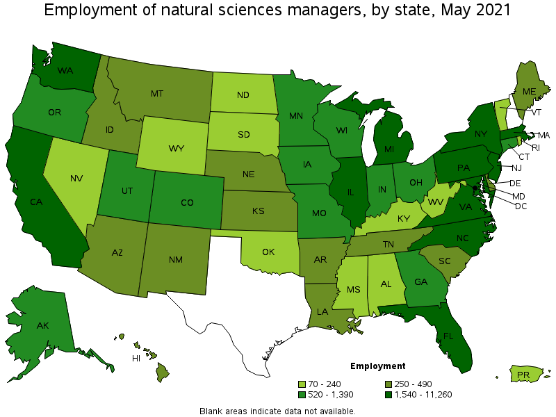 Map of employment of natural sciences managers by state, May 2021
