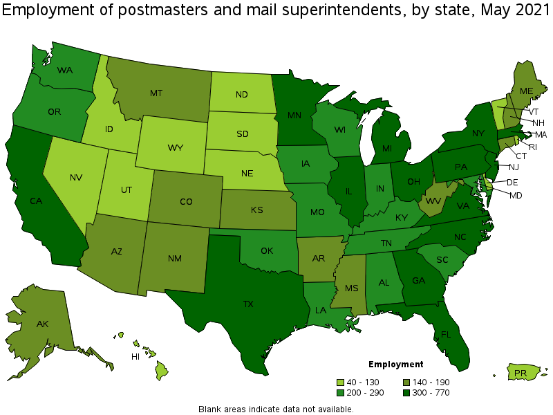 Map of employment of postmasters and mail superintendents by state, May 2021