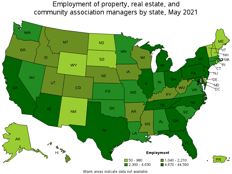 Map of employment of property, real estate, and community association managers by state, May 2021