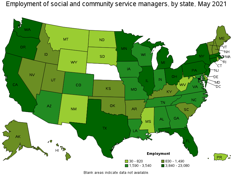 Map of employment of social and community service managers by state, May 2021