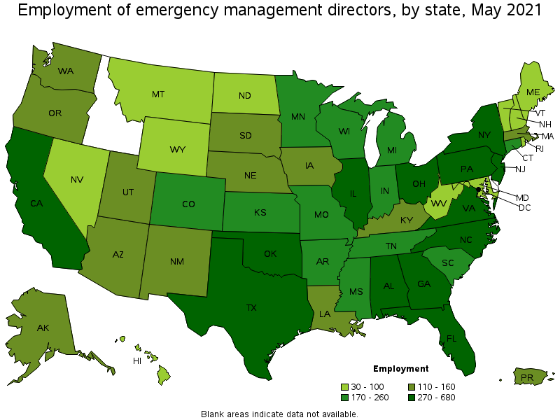 Map of employment of emergency management directors by state, May 2021
