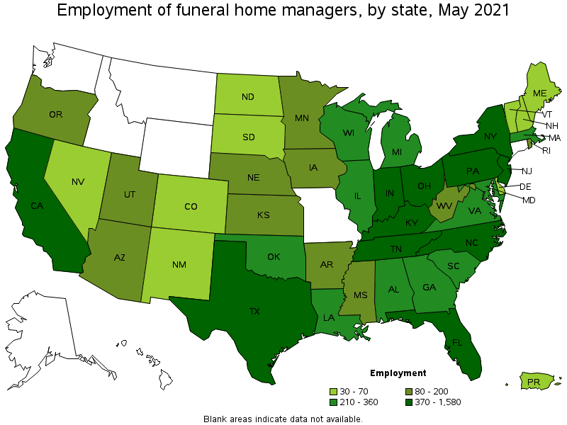 Map of employment of funeral home managers by state, May 2021