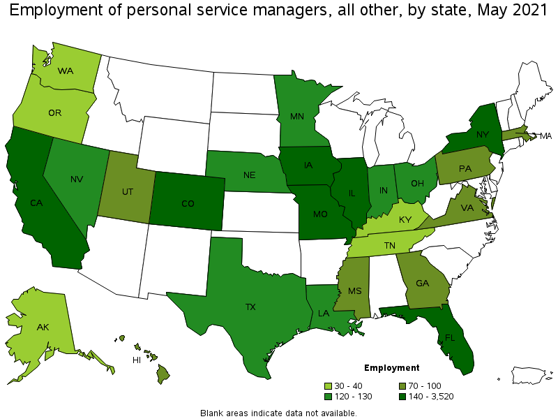 Map of employment of personal service managers, all other by state, May 2021