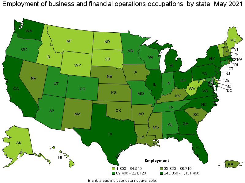 Map of employment of business and financial operations occupations by state, May 2021