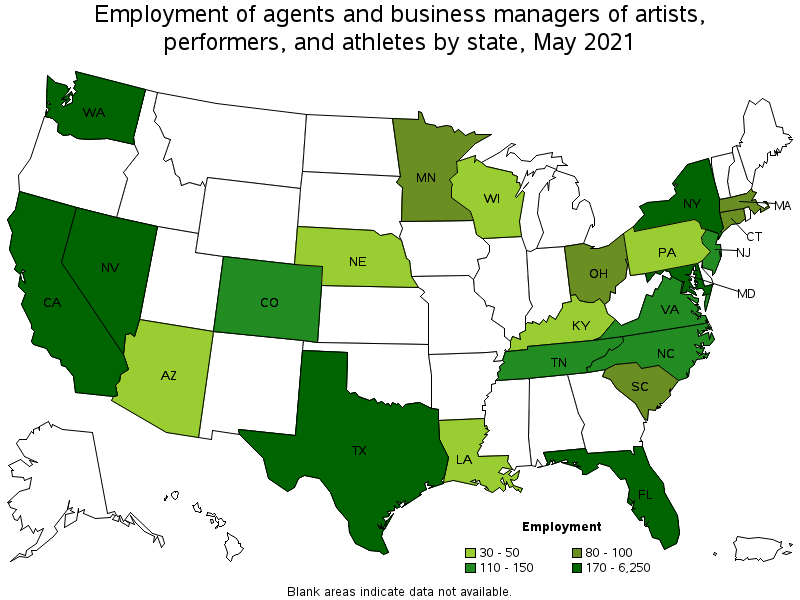 Map of employment of agents and business managers of artists, performers, and athletes by state, May 2021