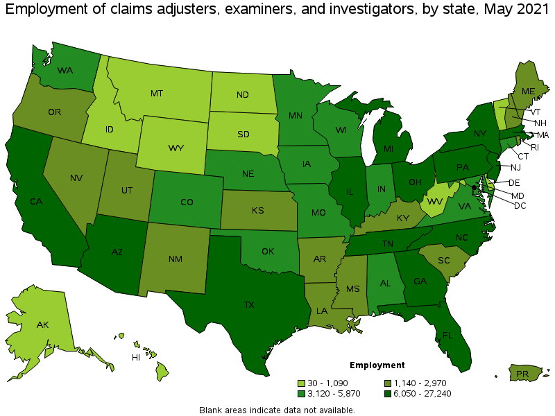 Map of employment of claims adjusters, examiners, and investigators by state, May 2021