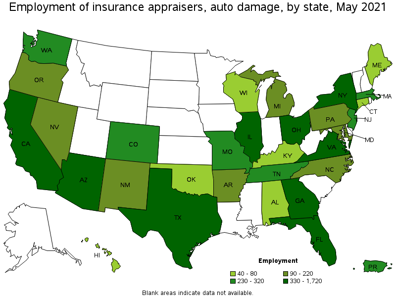 Map of employment of insurance appraisers, auto damage by state, May 2021