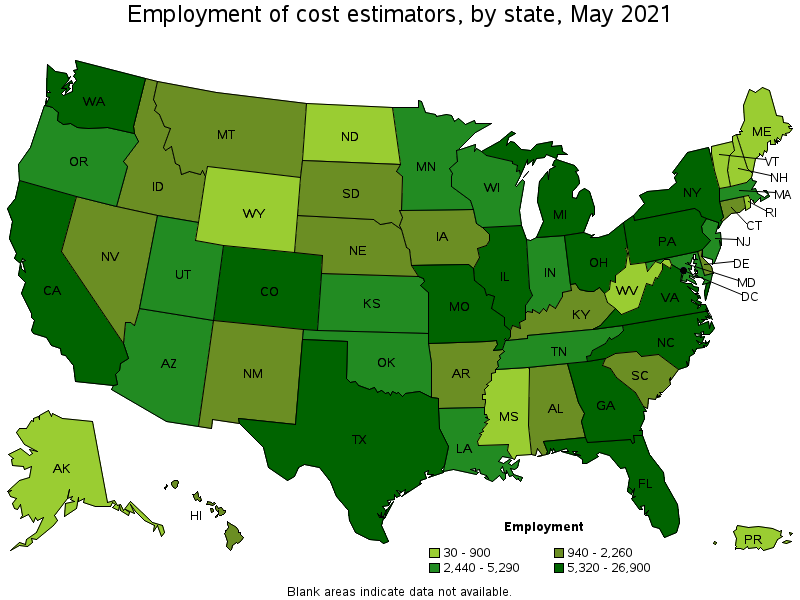 Map of employment of cost estimators by state, May 2021