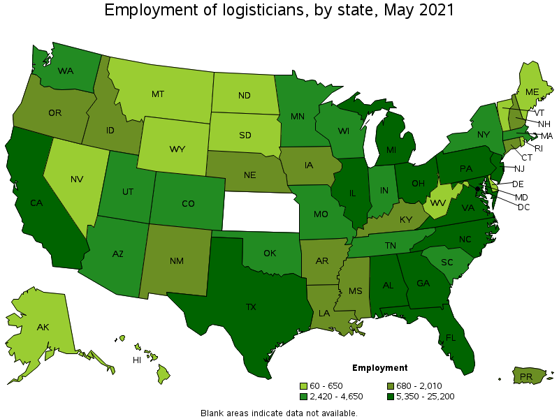 Map of employment of logisticians by state, May 2021