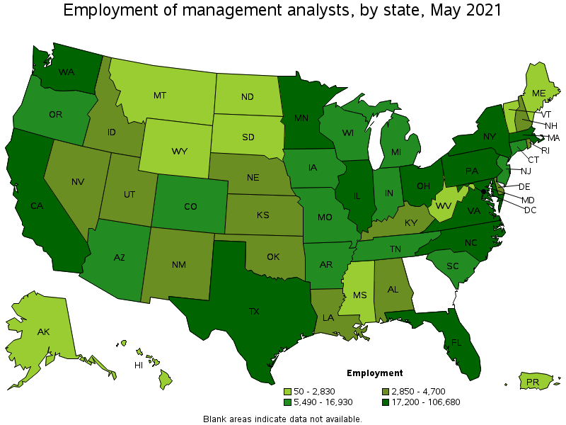 Map of employment of management analysts by state, May 2021