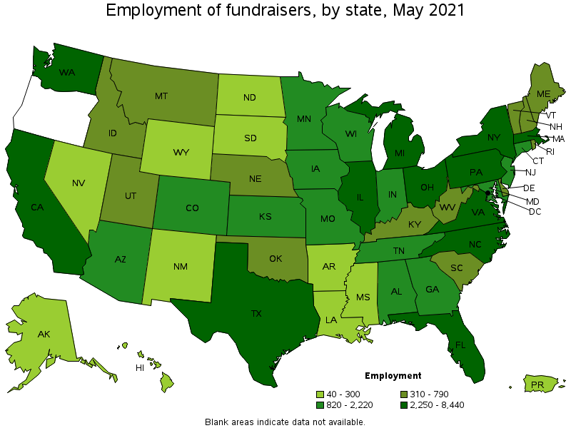 Map of employment of fundraisers by state, May 2021