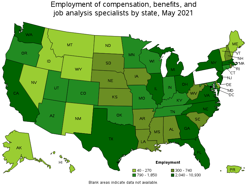 Map of employment of compensation, benefits, and job analysis specialists by state, May 2021