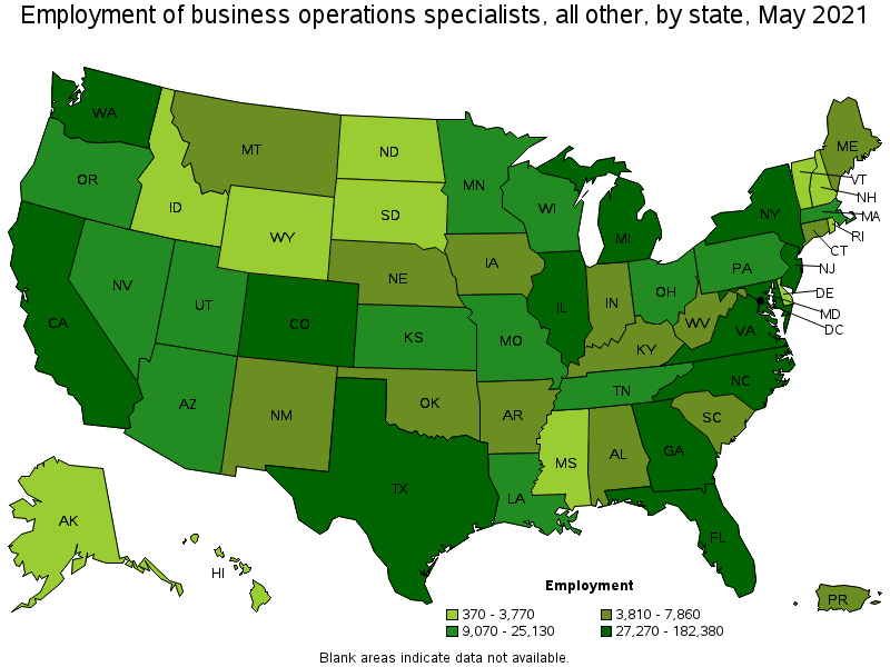 Map of employment of business operations specialists, all other by state, May 2021