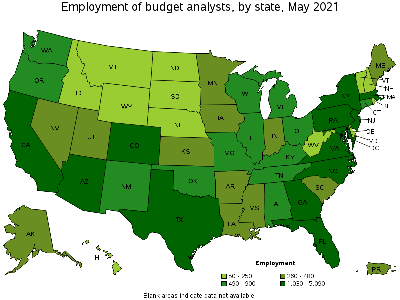 Map of employment of budget analysts by state, May 2021