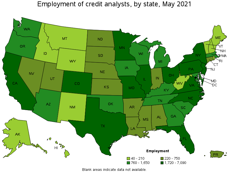 Map of employment of credit analysts by state, May 2021