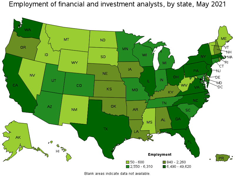 Map of employment of financial and investment analysts by state, May 2021