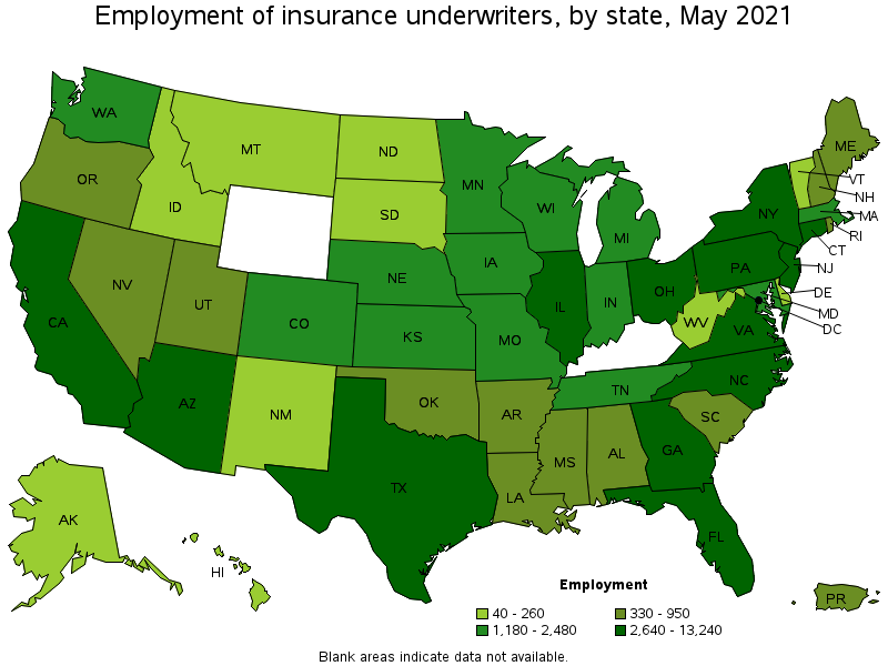 Map of employment of insurance underwriters by state, May 2021