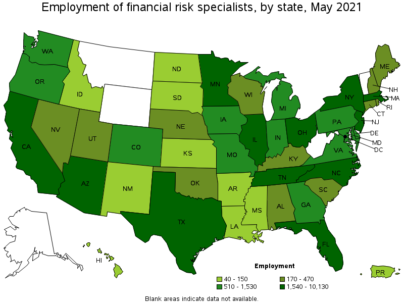 Map of employment of financial risk specialists by state, May 2021