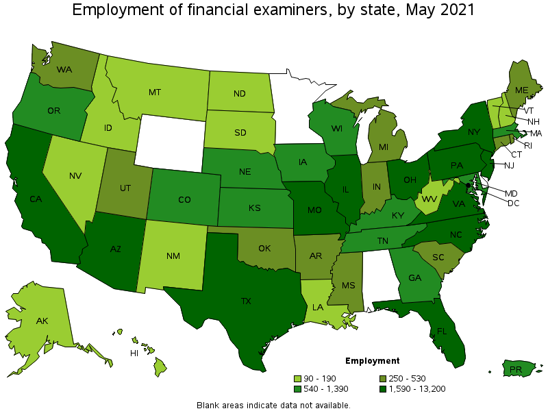 Map of employment of financial examiners by state, May 2021