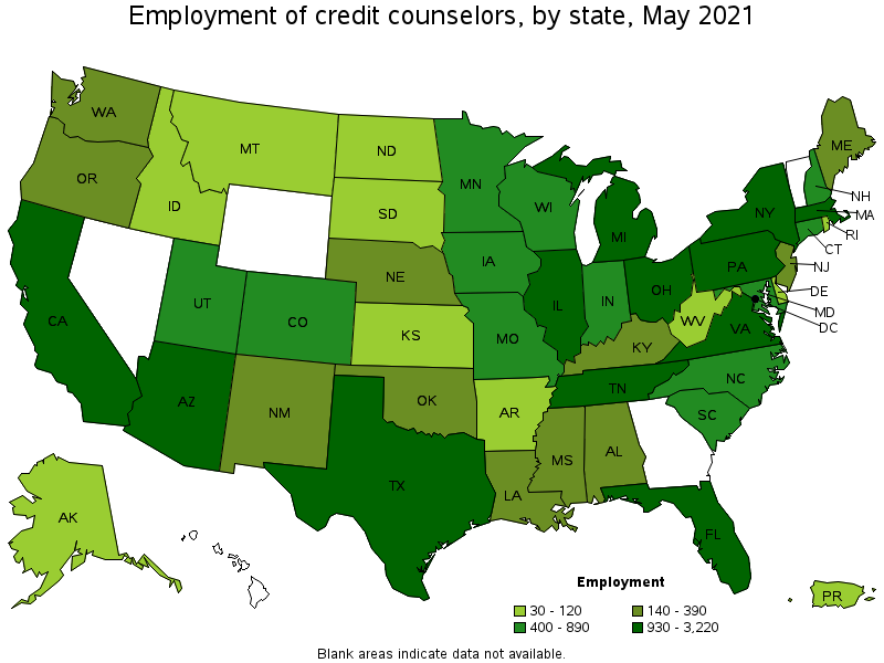 Map of employment of credit counselors by state, May 2021