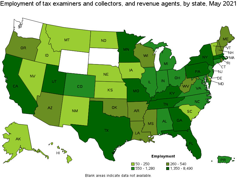 Map of employment of tax examiners and collectors, and revenue agents by state, May 2021