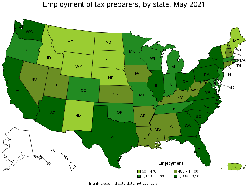 Map of employment of tax preparers by state, May 2021