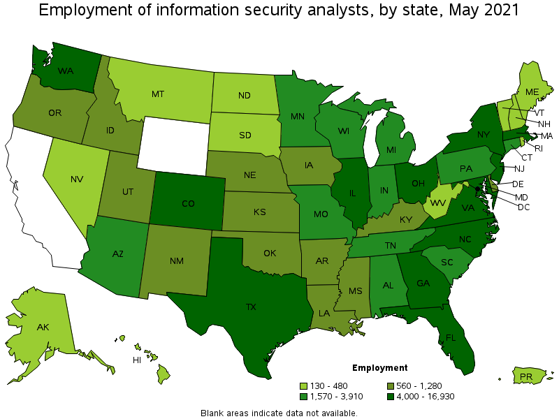 Map of employment of information security analysts by state, May 2021