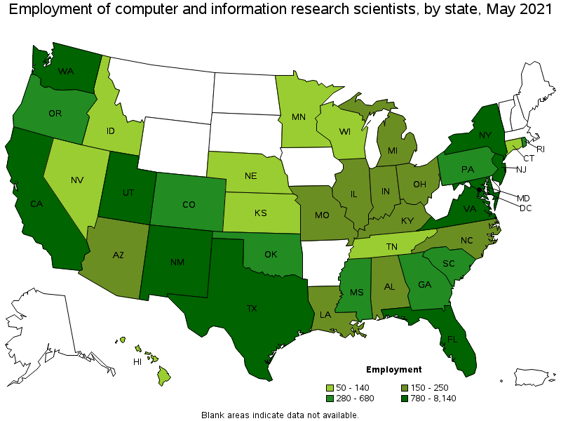 Map of employment of computer and information research scientists by state, May 2021