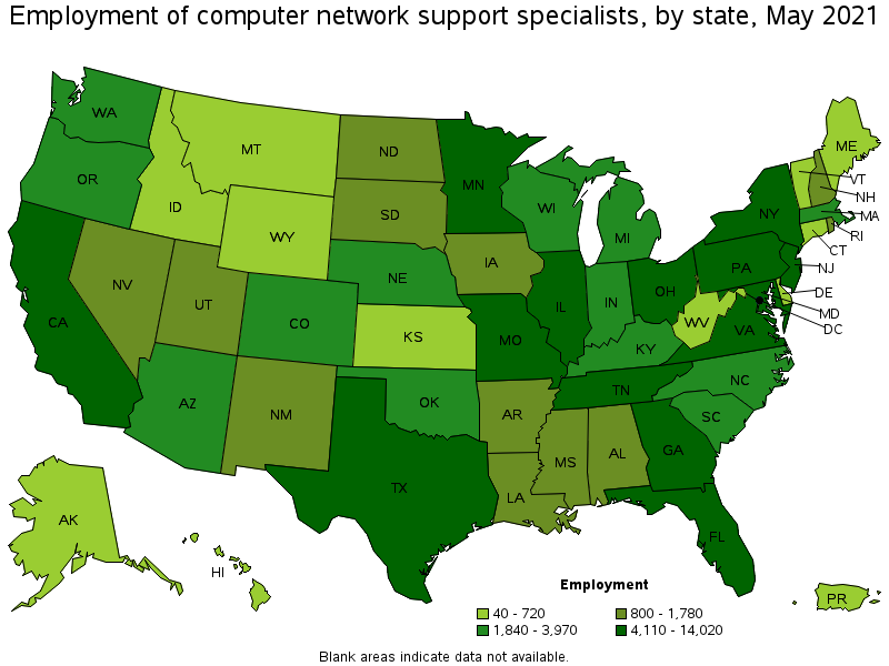 Map of employment of computer network support specialists by state, May 2021