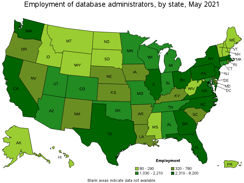Map of employment of database administrators by state, May 2021