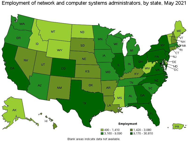 Map of employment of network and computer systems administrators by state, May 2021