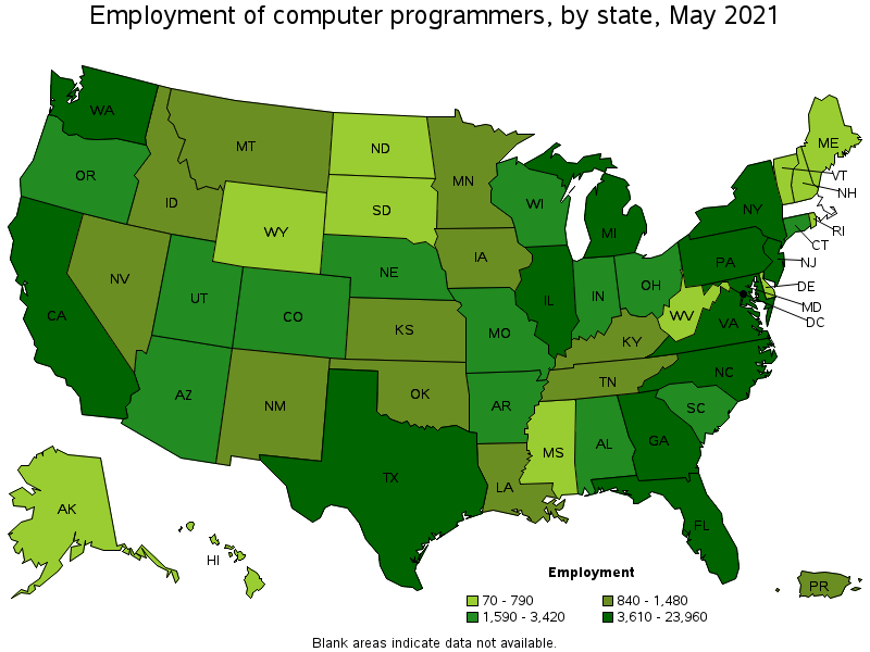 Map of employment of computer programmers by state, May 2021